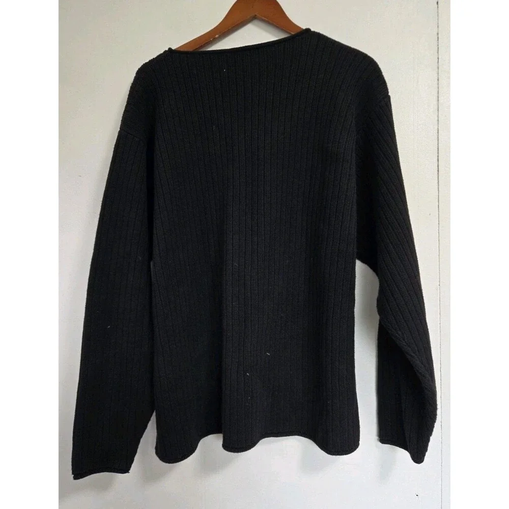 J Crew Sweater Mens L Black Ribbed Knit Cotton Fisherman Oarsman Crewneck